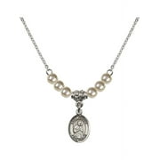 18-Inch Rhodium Plated Necklace with 4mm Faux-Pearl Beads and Saint Isaac Jogues Charm