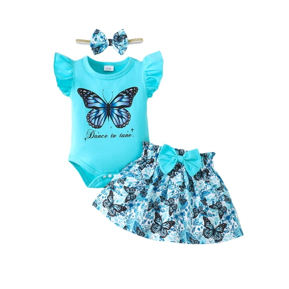 KIMI BEAR Infant Baby Girls Skirt Sets 12-18 Months Summer Clothing Sets Ruffle Sleeveless Letter Print Bodysuit Top Bowknot Butterfly Print Skirt with Headband 3pcs Blue