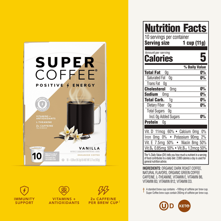 Kitu Super Coffee, Double Caffeine, Vanilla Dark Roast K-Cup Compatible Pods,  10 Pack - Walmart.com