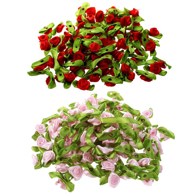 200 Pcs Mini Satin Ribbon Flower Leaf Wedding Decor Appliques Sewing DIY Main , 100 Pcs Pink & 100 Pcs Red