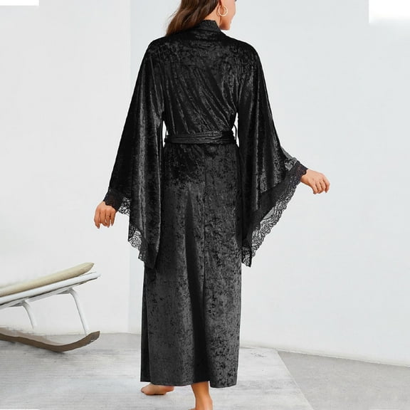 Voncos Vintage Velvet Robe for Women - Elegant Open Front Kimono Robe with Lace Trim, Flared Sleeves Luxury Sleep Dress & Gift Machine Washable Black M