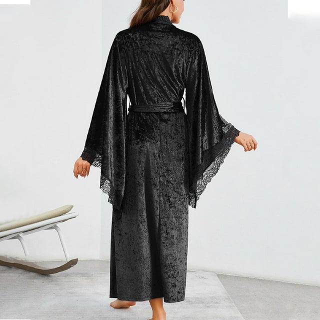 Taylonsss Womens Plus Size Robe Velvet Lace Trim Long Sleeve Casual Loungewear Home Wear
