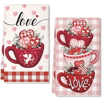 Red Buffalo Plaid Love Cup Valentines Day Kitchen Towels Set of 2,Heart Dish Hand Towels Holiday Anniversary Weing Seasonal Decorations