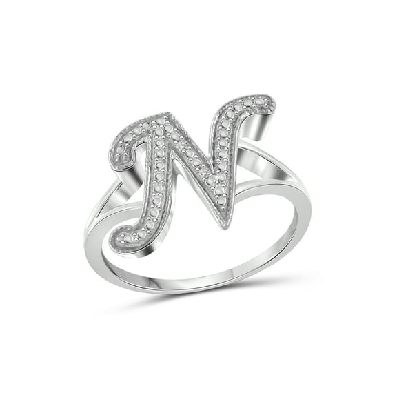 JewelersClub Accent White Diamond Initial Letter Ring for Women | Customizable Sterling Silver N Alphabet Monogram Ring for Girls | Cursive Script Capital Letters | Personalized Jewelry Gift for Her