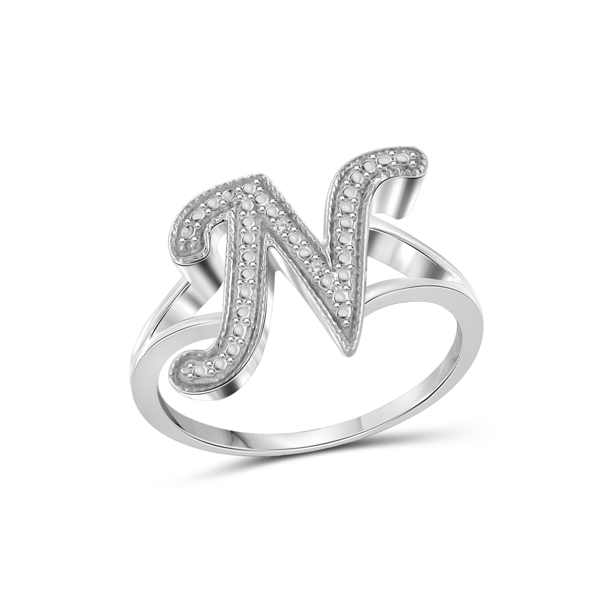 JewelersClub Accent White Diamond Initial Letter Ring for Women | Customizable Sterling Silver N Alphabet Monogram Ring for Girls | Cursive Script Capital Letters | Personalized Jewelry Gift for Her