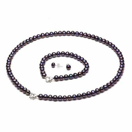 6-7mm Black Freshwater Pearl Heart-Shape Sterling Silver Necklace (18), Bracelet (7) Set with Bonus Pearl Stud Earrings