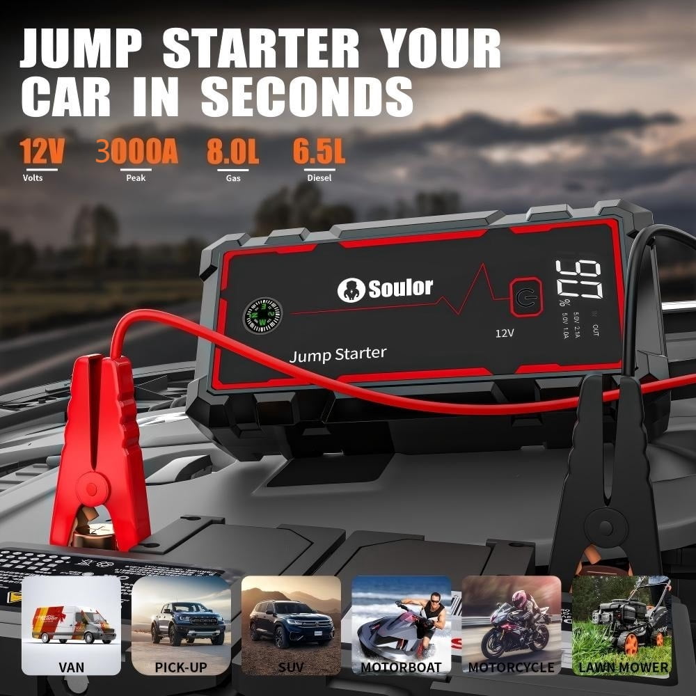 Jump Starter 3000A for 8.0L Gas 4.0L Diesel 12V Lithium Jump Box, Portable Power Bank with Emergency Light