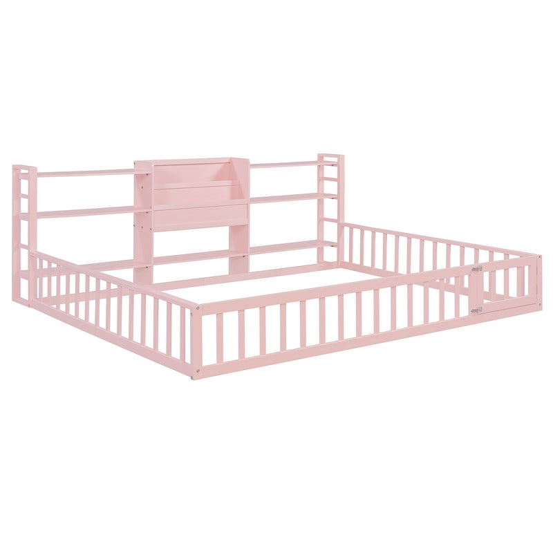 Queen Size Floor Bed Montessori Bed with Integrated Bookcase and 3-Tier Storage Shelves, Wooden Low Profile Toddler Bed Platform Bed with Safety Guardrails for Boys Girls