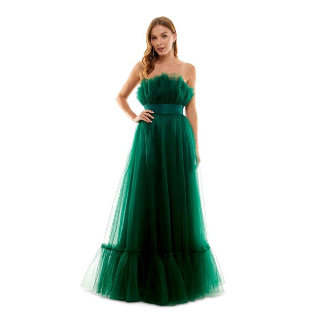 CITY STUDIO Robe de Soirée Formelle Sans Manches et Sans Bretelles pour Femmes, Verte, à Fermeture Éclair, à Volants Superposés, en Tulle Doublé, Longueur Complète, Taille 15