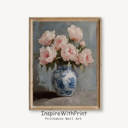 Peonies Flower Bouquet in Blue and White Chinoiserie Vase Print, Vintage Flower Vase Printable, Pink peonies Wall Art, Chinoiserie, Size 8x12 UNFFRAMED F03.1.5l1396