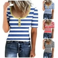 thumbnail image 1 of Fiudx Liquidación de Ahorros de Verano Blusas Estampadas a Rayas para Mujer, Camiseta con Botones, Top de Manga Corta con Cuello Redondo, 1 of 5