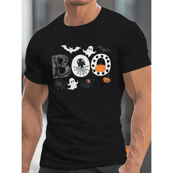 Men's Halloween Graphic T-Shirt - Spooky BOO Print Tee with Bats, Pumpkins - Lightweight Summer Shirt for Costume Parties, Everyday Casual Wear