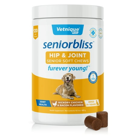 UPC: 0810082380248 | Seniorbliss Hip & Joint Dog Supplement for Senior Dogs by Vetnique Labs – Hickory Chicken Bacon Soft Chews 120ct