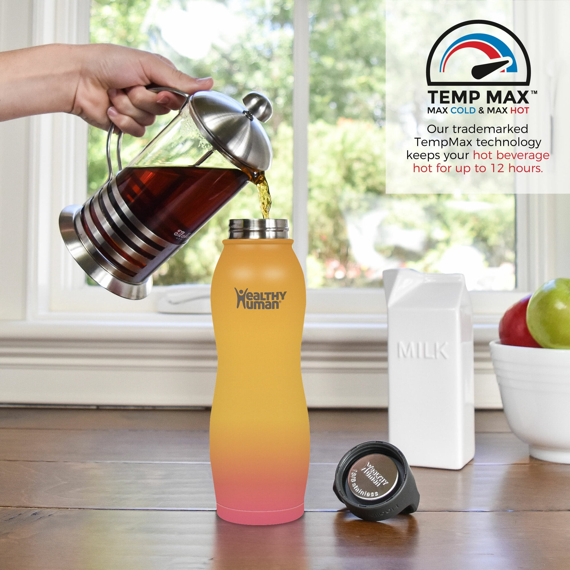 Healthy Human Stainless Steel Curve Water Bottle | 100% BPA Free Thermos for Kids & Adults | Double Walled Vacuum Insulated | Metal Bottles with Leak Proof Lid (21 oz/ 621 ML, Sunrise)