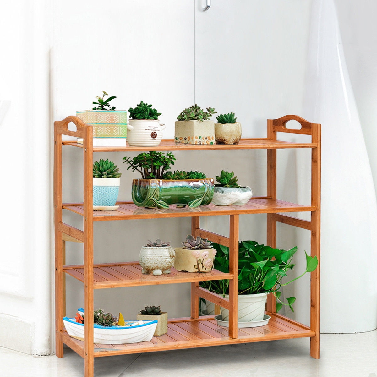 Gymax 4 Tier Multifunction Bamboo Shoe Rack Boot Tower Shelf Storage Organizer Stand