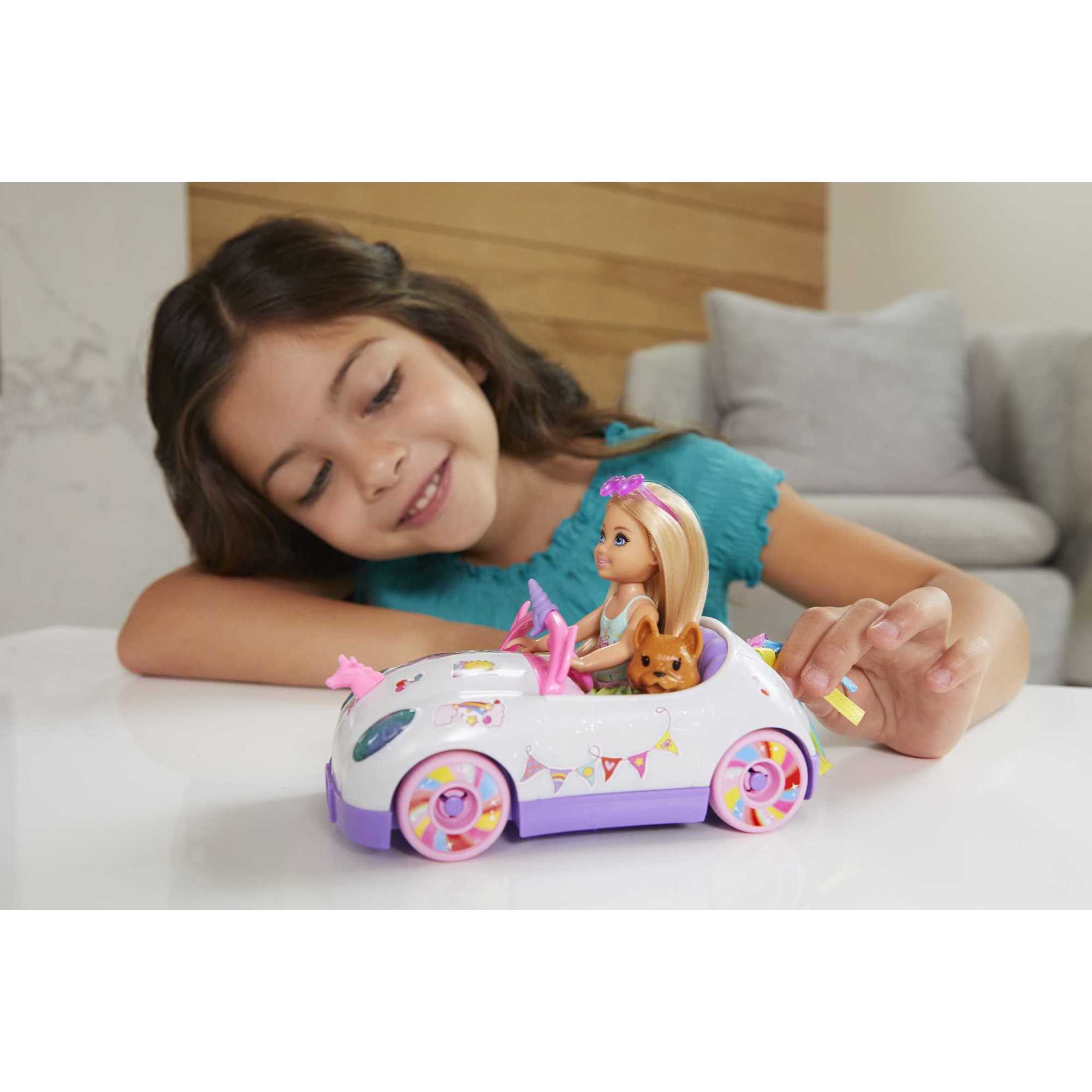 Barbie Club Chelsea Doll (6-Inch Blonde) With Open-Top Unicorn Car & Sticker Sheet