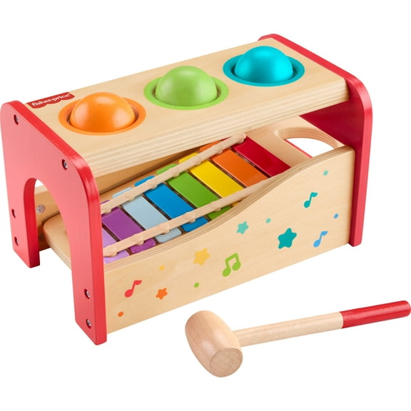 Fisher-Price Wooden Pound & Tap Bench Xylophone Musical Instrument Toy for Toddlers 18  Months, 6 Pc