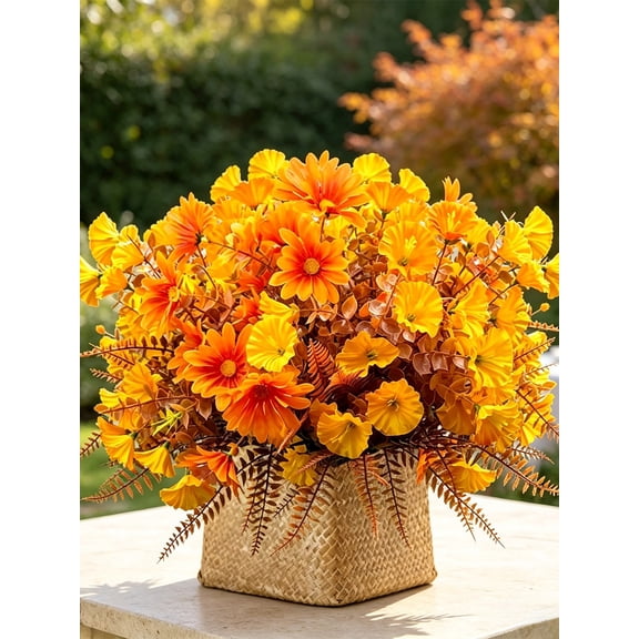 4pcs 14.2 Inch Vintage Fall Mixed Flower Bouquet, Brown Persian Trumpet Red Daisy Colorfast Bendable Stem Arrangement Farmhouse Vase Table Centerpiece Thanksgiving Halloween Decor