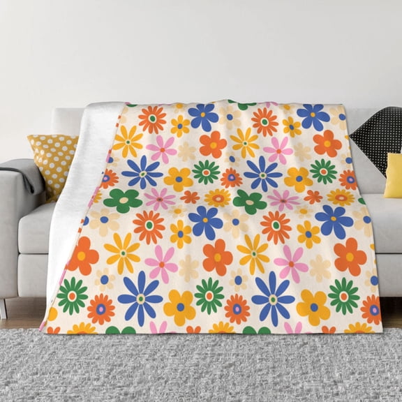 Rozeui Groovy Daisy Flowers for Flannel Blanket, Soft Fuzzy Plush King Blanket for Winter, Thick and Warm All-Season Bed Throw-40"x30"