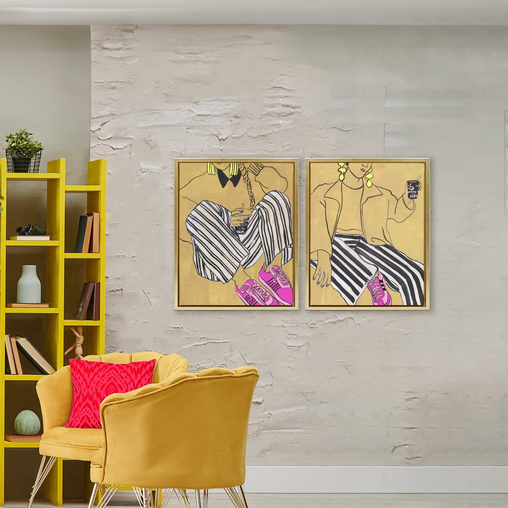 Stupell Industries Crimson Thread Fashion Poses 2 Piece Gold Framed Floater Canvas Set, design by Melissa Wang