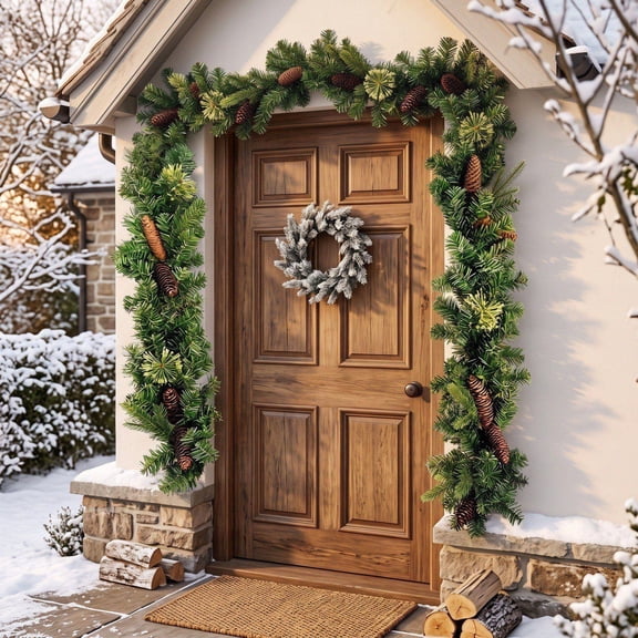 Neoargh 1Pc 70.8" Artificial Christmas Garland with Pine Cones and Red Berries, Snowy Christmas Garland for Mantel, Staircase, Door