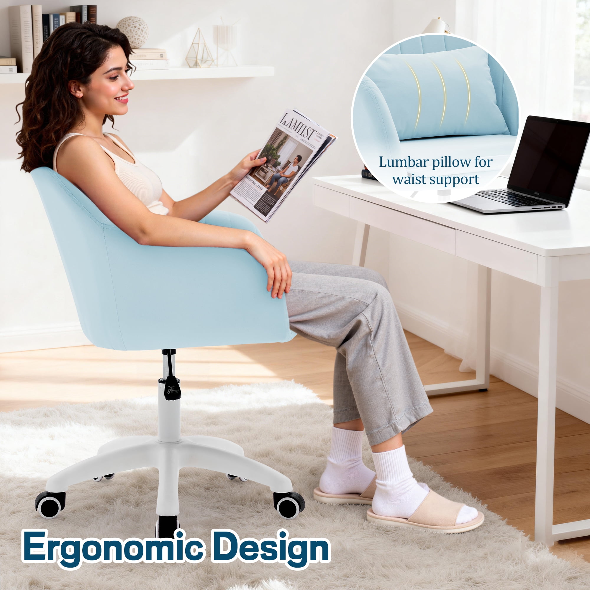 Korser Adjustable High Vanity Chair with Pillow Velvet Swivel Desk Chair with Wheels,Space-Saving Makeup Computer Chair,Home Office Desk Chair,Blue
