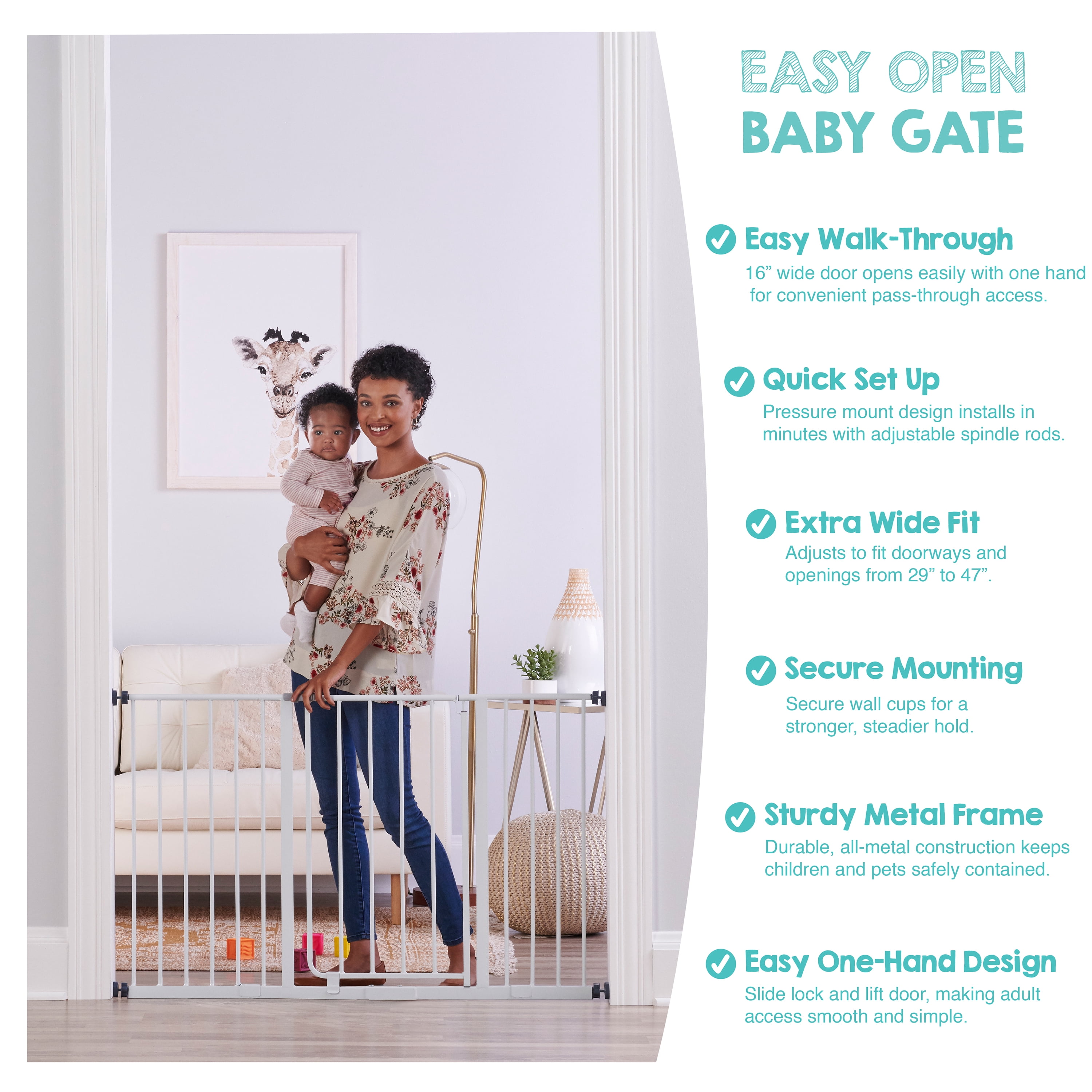 Regalo Easy Open 47-Inch Super Wide Walk Thru Baby Gate, Bonus Kit