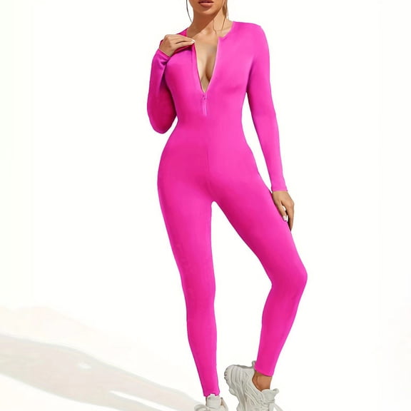 Homenesgenics Up to 50% off Women's Solid Color Zipper Slim-Fit Yoga Jumpsuit High-Elasticity Running Sports Long-Sleeve Sportswear Jumpsuit Long Pants Pink M
