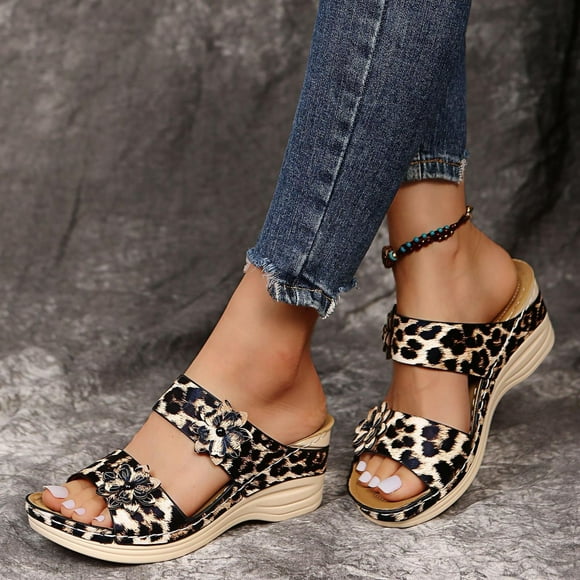 HKEJIAOI Womens Sandals Summer Retro Casual Flowers High-heeled Flat-bottomed Ladies Wedge Slippers