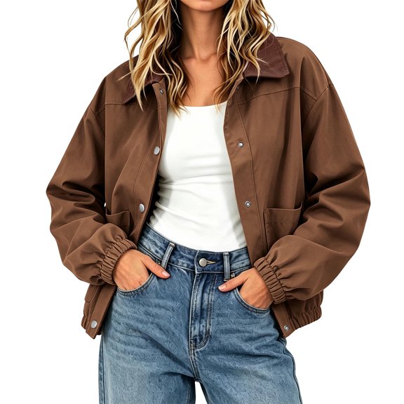 Women’s Lapel Button Jacket, Lightweight Long Sleeve Loose Jackets, Fall Elastic Hem Casual Outerwear with Pockets