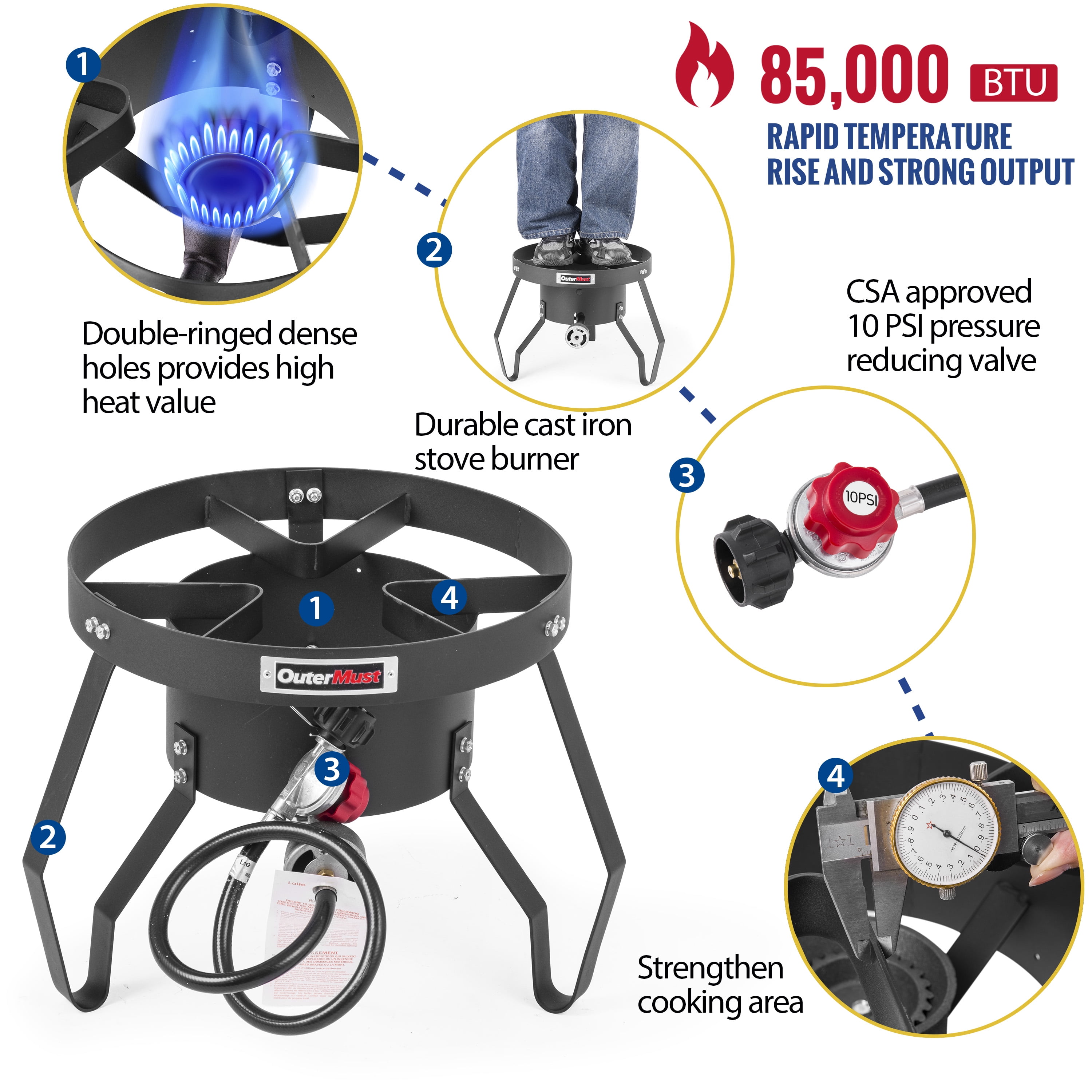 OuterMust 85,000 BTU Outdoor Propane Stove,Heavy Duty Single Burner Round Portable Camping Stove with 10 PSI Regulator