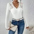 thumbnail image 2 of VEKDONE Women's Sheer Lace Tee Shirts Long Sleeve Eyelet Tops Casual V Neck Slim Fitted Blouses Fall Hollow Out Breathable Tunic Tops Outfit Clothes, 2 of 9