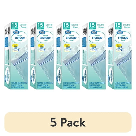 (5 pack) Great Value Snap'n Click Quart Storage Bags, 15 Count, Double Zipper