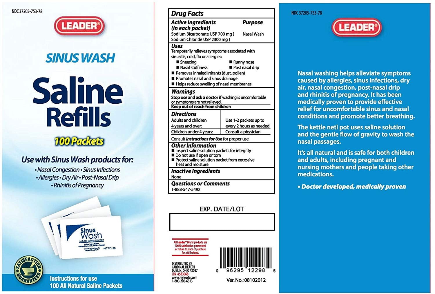 Leader Saline Refills Sinus Wash Relieves Sinusitis & Allergies, 100ct
