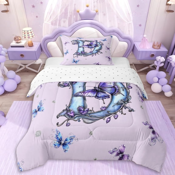Erosebridal Letter D Monogrammed Vintage Flowers Twin Comforter Sets 3-Piece For Kids Girls,Teens Princess Elegant Flying Butterflies Bedding Set,Luxury Bedroom Decor
