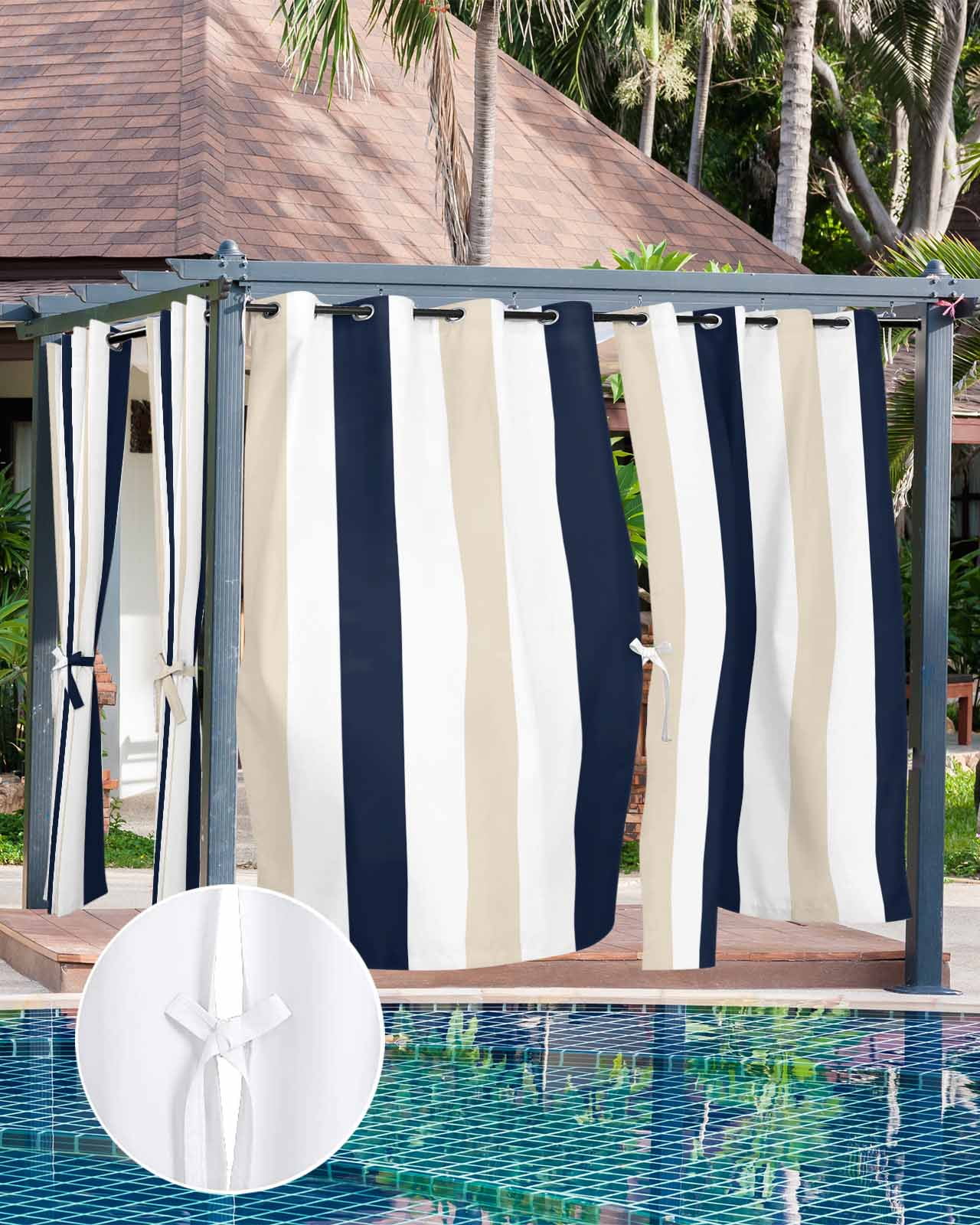 Beige Navy Blue Striped Outdoor Curtains for Patio, Farmhouse Stripe Art Privacy Drapes Grommet Waterproof Outside Curtains for Porch/Cabana/Balcony 54"x 84", 2 Panel