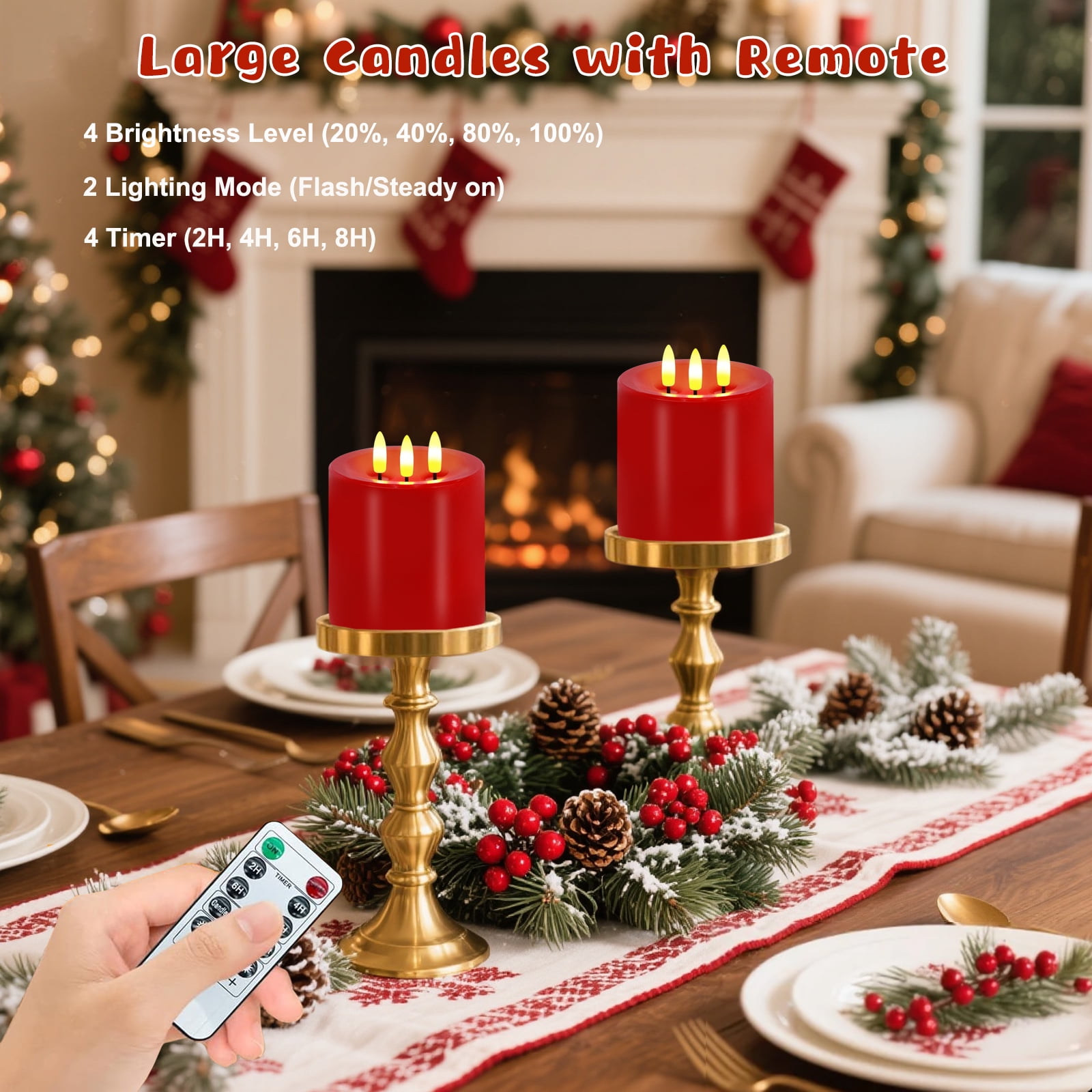 Large 3 Wick Flameless Candles Set of 2,  4"x4" Flickering Flameless Candles with Remote & Timer, Dimmable Real Wax LED Candles Battery Operated, Electric Pillar Candles for Home Xmas Decor