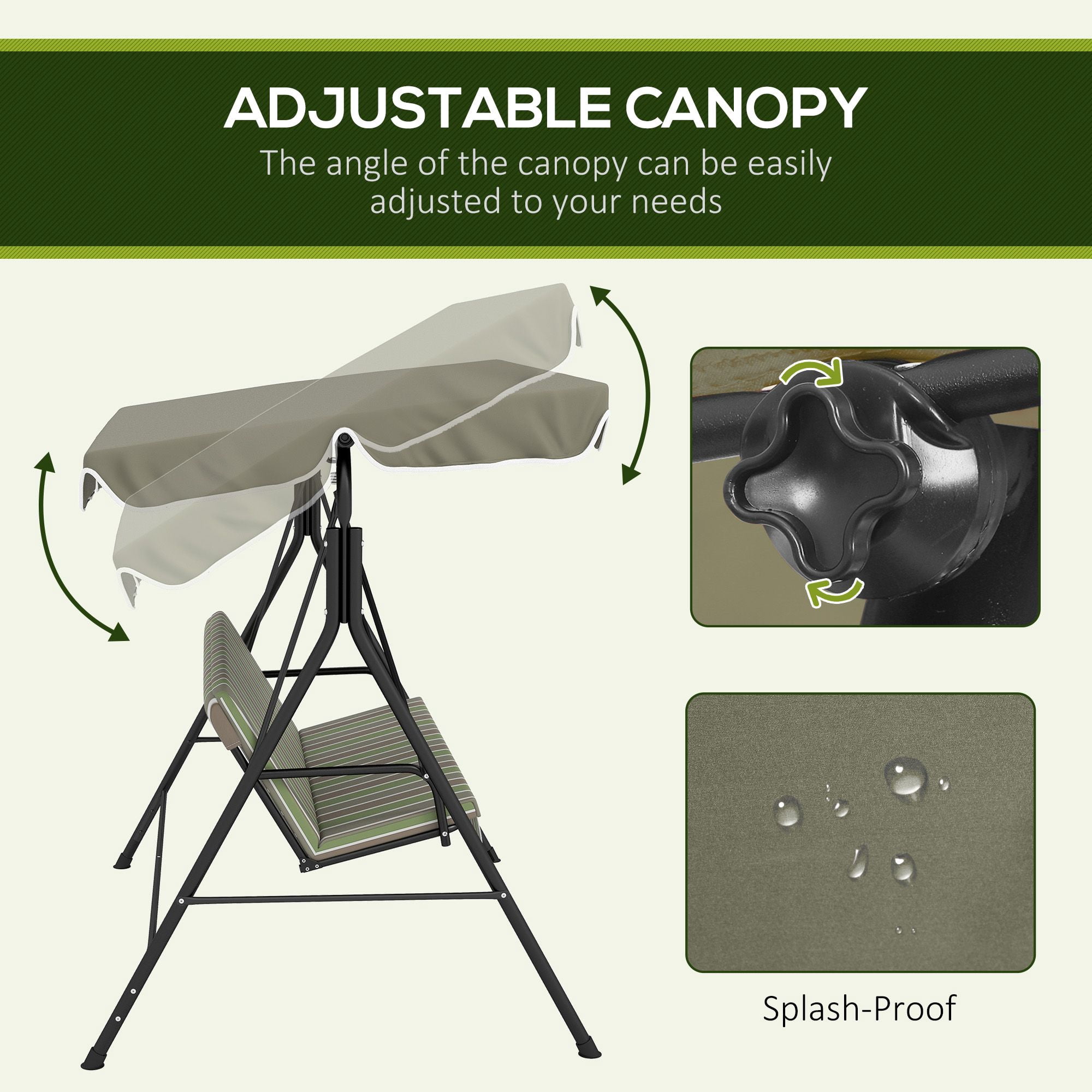 3 Person Outdoor Porch Swing with Stand & Adjustable Tilt Canopy, Cushioned Patio Swing Bench Heavy Duty A-Frame Steel Supports 594lbs for Backyard Poolside Balcony