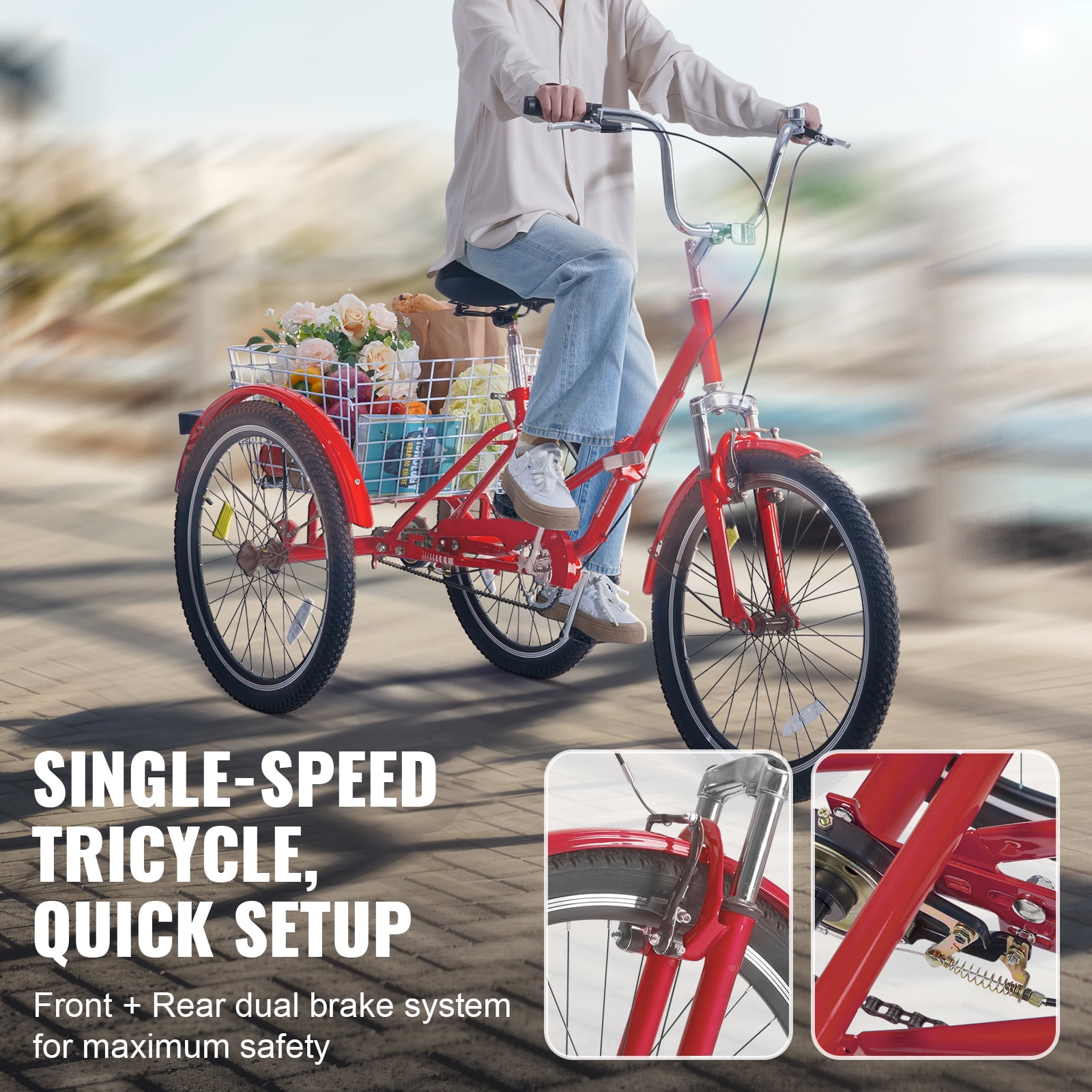 SKYSHALO Folding Adult Tricycle 24" Adult 3-Wheel Folding Trikes Carbon Steel Red