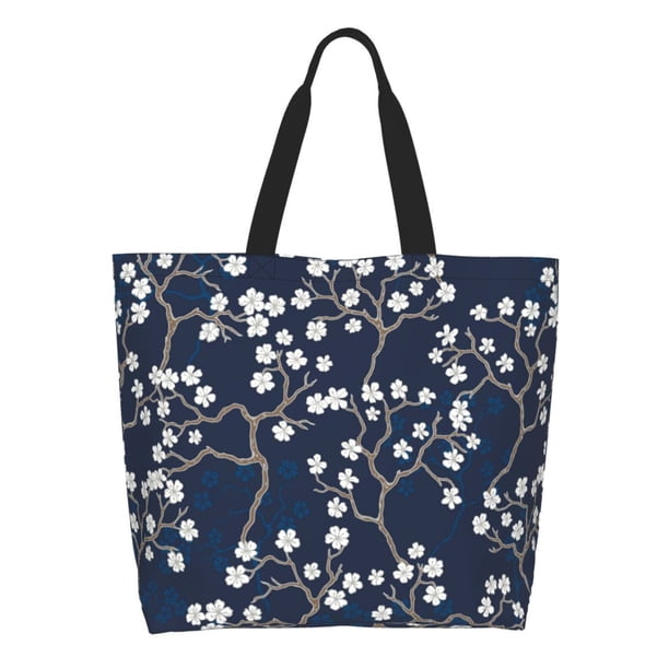 Fotbe Cherry Blossoms on Navy Background Bolsa Tote Estética de Lona con Estampado para Mujer - Bolsa Reutilizable de Hombro Casual para Vacaciones, Compras, Trabajo y Gimnasio