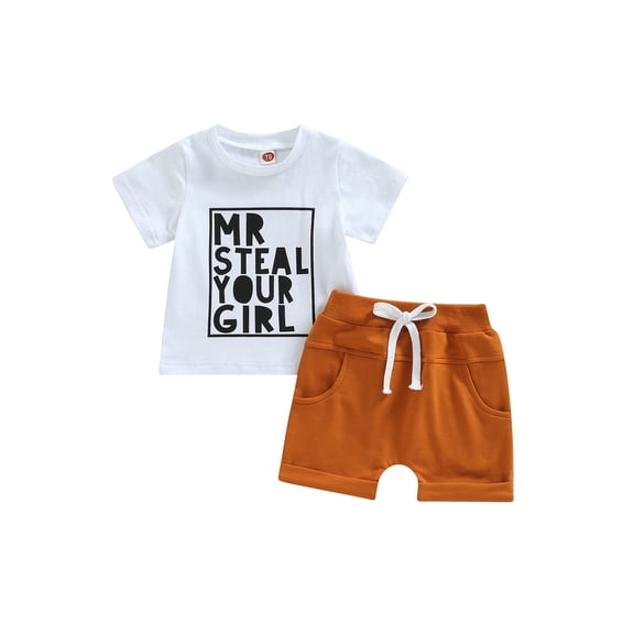 LMLYSoH Toddler Boys Summer 2pcs Outfits Letter Print Short Sleeve T-shirt and Stretch Casual Shorts Set