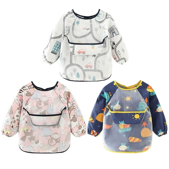 3PCS Kid Art Smock Waterproof Cute Long Sleeved Bib Painting Apron Eating Bibs