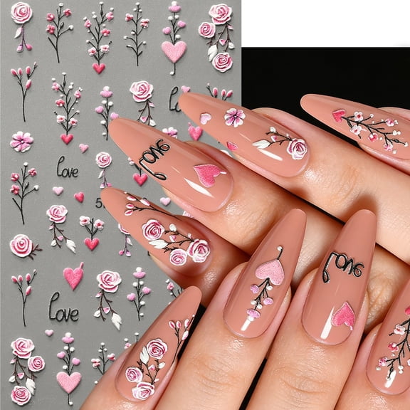 FEOLGEHLY 5D Embossed Pink Rose Nail Stickers, 3D Relief Floral Self-Adhesive Nail Art Decals for DIY Manicure Decorations