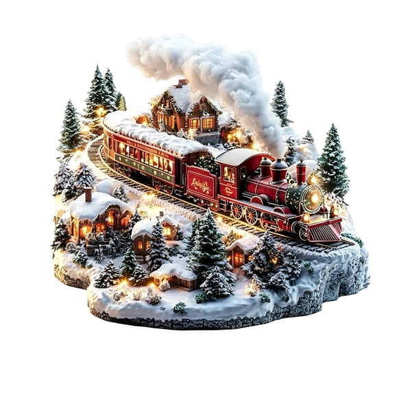 Acrylic Christmas Train Village Decoration with Lighted Track and Snowy Cottages, Tabletop Size, Red Locomotive and White Snow, for Living Room Mantel Or Office Desk, Christmas