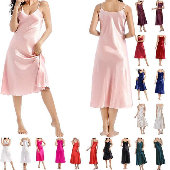 Chroia Women's Satin V Neck Nightgown - Adjustable Strap Midi/Mini Slip Dress Lingerie Sleepwear