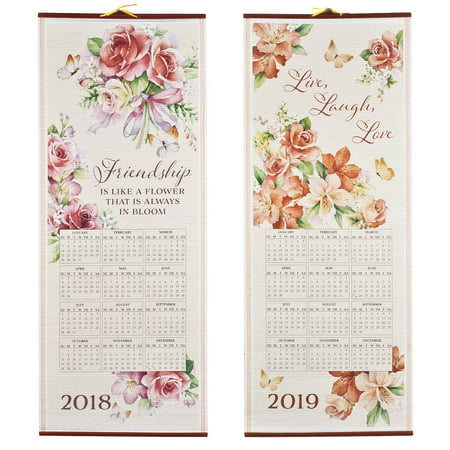 Dual-Sided 2 Year Scroll Calendar, Pastel Floral Design – Ideal for Small Spaces - Bamboo-Like Paper, 12 ½ in. by 33