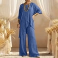 thumbnail image 2 of Dazajoo Summer Sets Women 2 Piece Outfits Linen Half Sleeve Crewneck Asymetrical Hem Tops Matching Wide Leg Palazzo Pants Lightweight Flowy Loungewear,Blue,L, 2 of 8