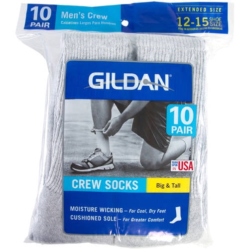 Gildan Men's Big and Tall Grey Crew Socks, 10Pack