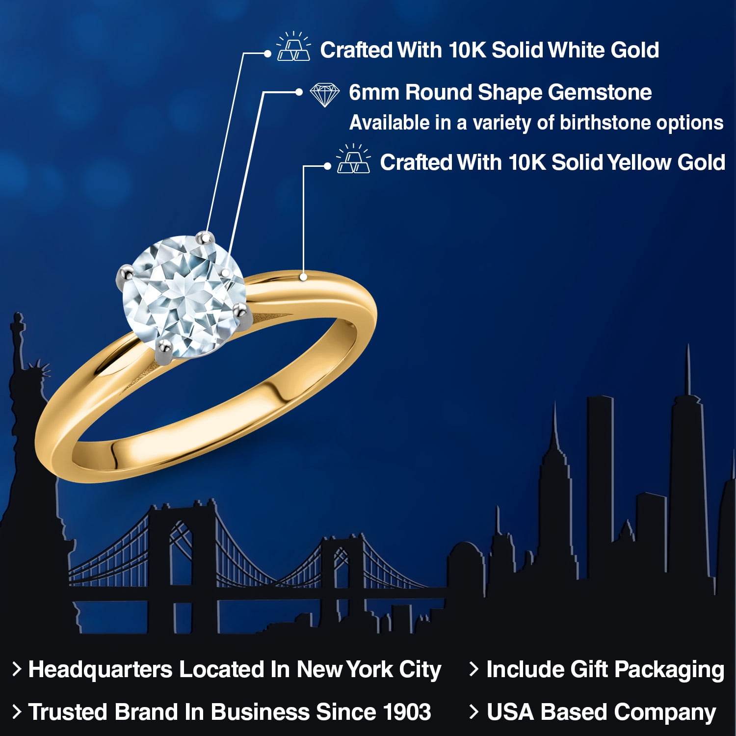 Gem Stone King 10K Two Tone Gold Sky Blue Aquamarine Solitaire Engagement Ring for Women | 0.75 Cttw | Round 6MM | Gemstone March Birthstone | Size 8