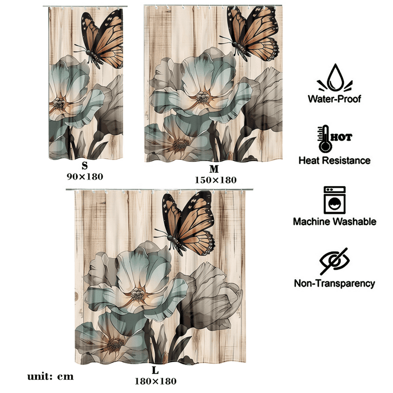 Fraigo Rustic Farmhouse Shower Curtain, Butterfly Gray Flower Wood